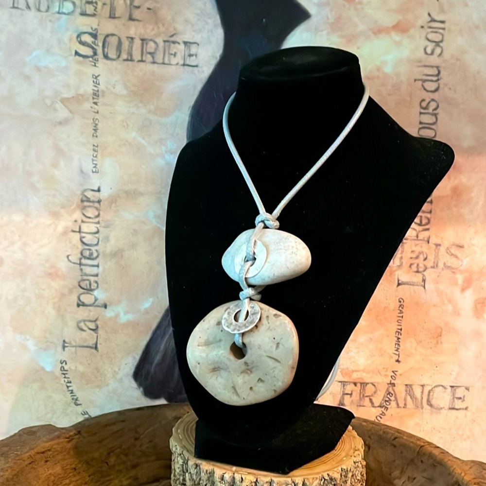 Artisan Made Natural Two Stone Necklace Hammered Metal Silver Discs Waxed Cord
